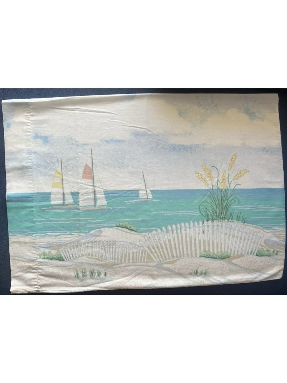 SPRINGS Pillowcase PAIR Standard Beach House Sailboats Ocean Sea Oats 50% Cotton